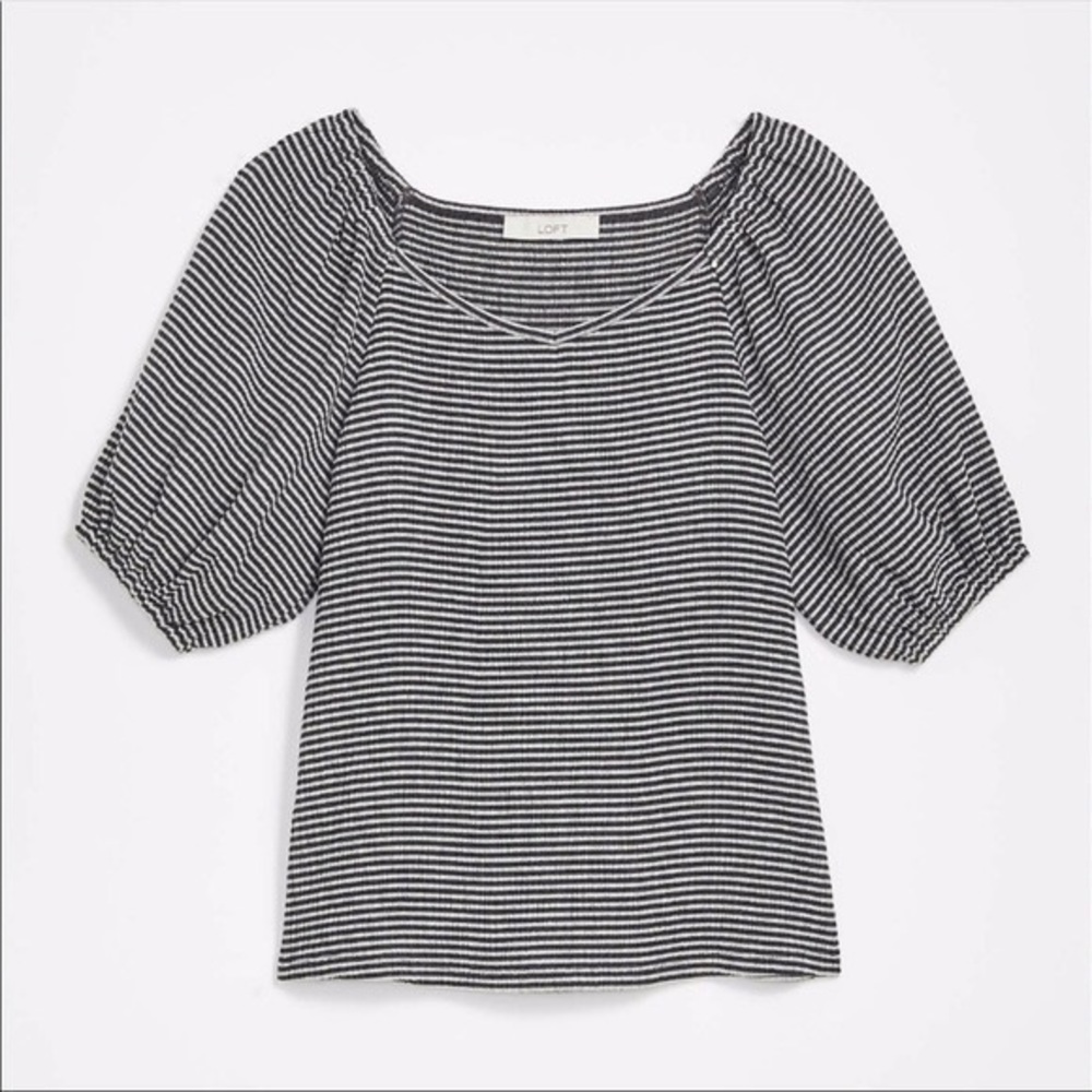LOFT Striped Puff Sleeve V-Neck Crinkle Knit Top Size Medium Petite